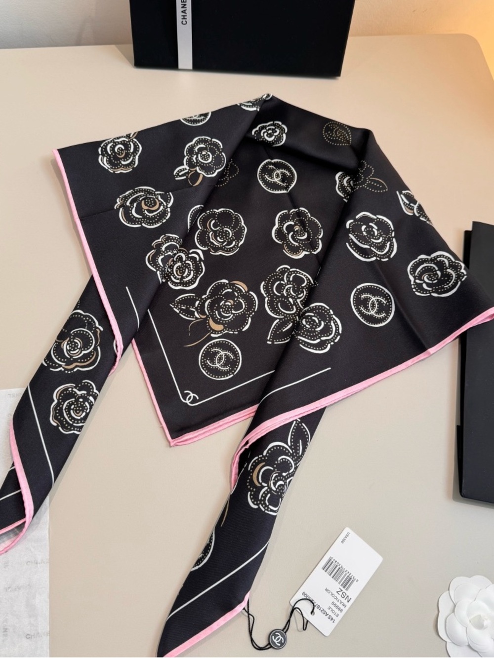 CHANEL Black Scarf with Pink Edge and White Camellia Motifs